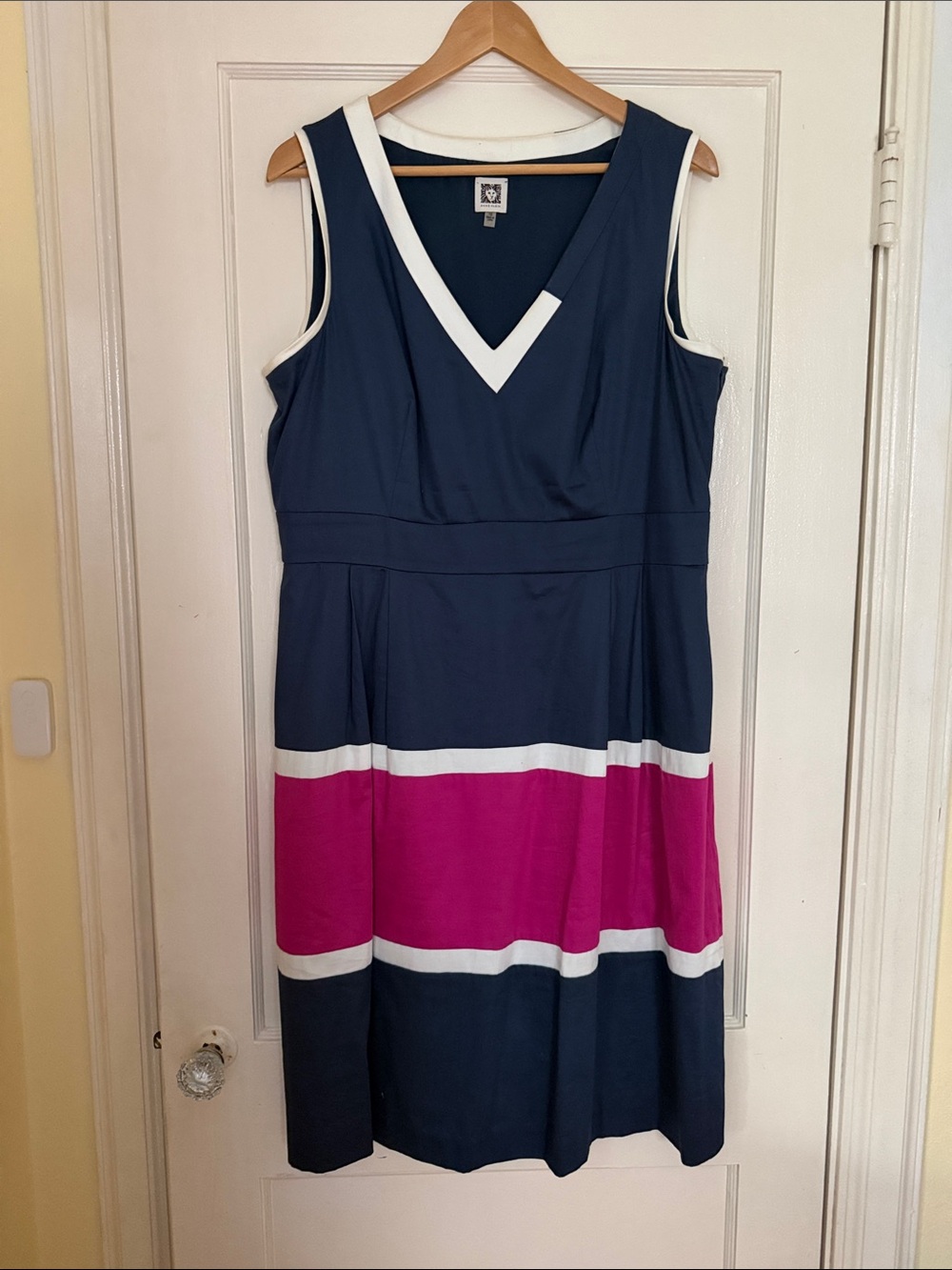 Anne Klein Navy, Fuchsia and White Colorblock V-Neck Midi Dress